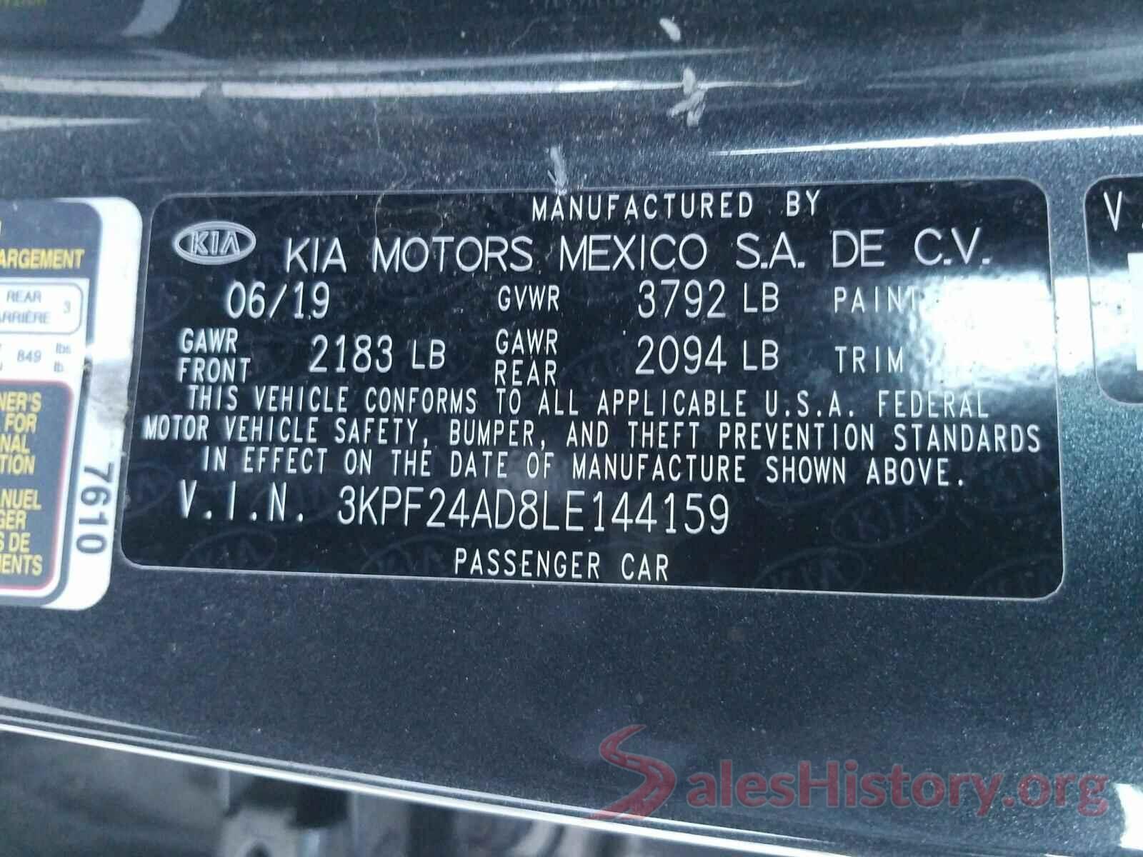 3KPF24AD8LE144159 2020 KIA FORTE