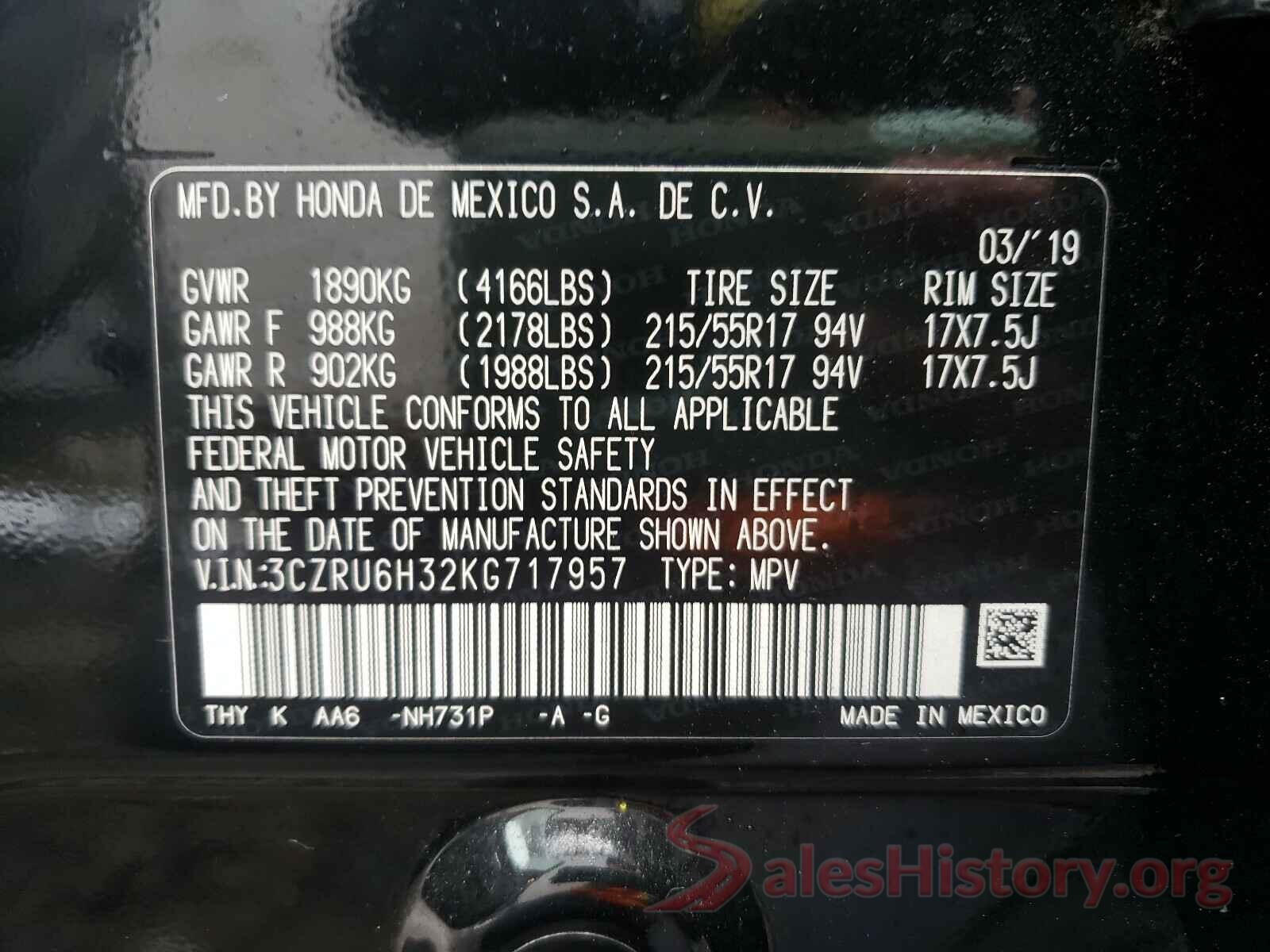 3CZRU6H32KG717957 2019 HONDA HR-V