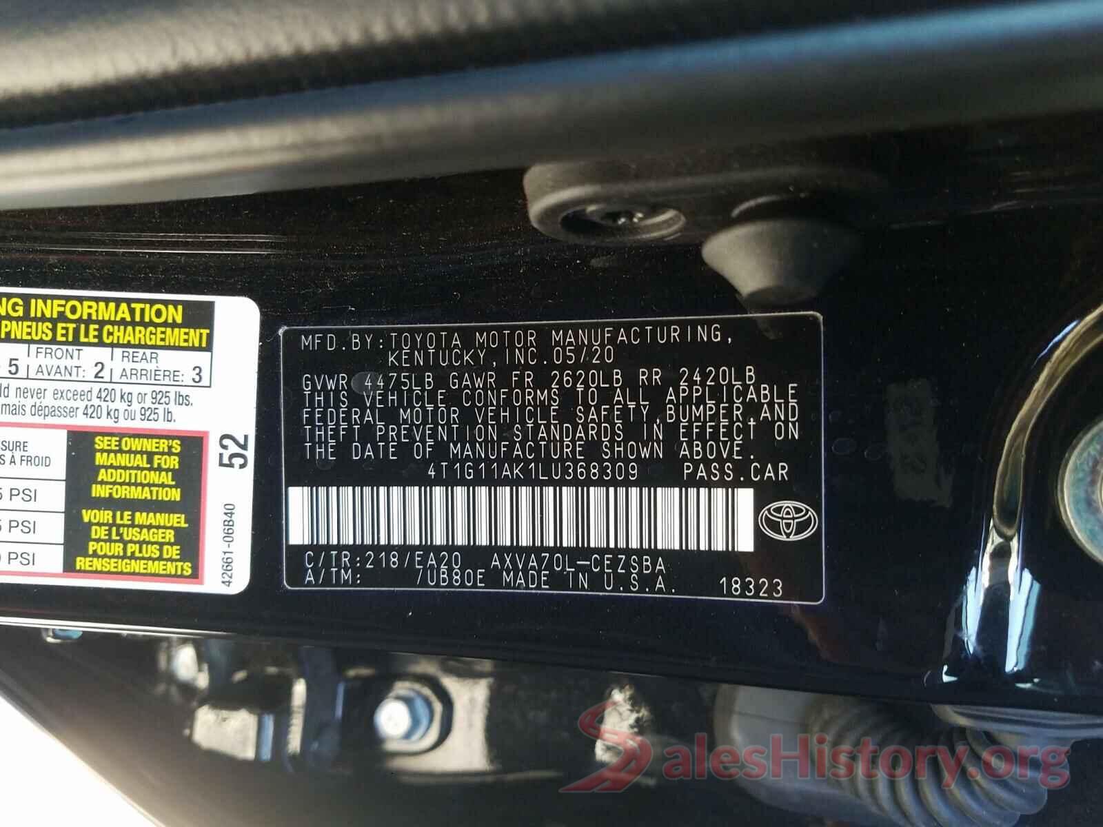 4T1G11AK1LU368309 2020 TOYOTA CAMRY