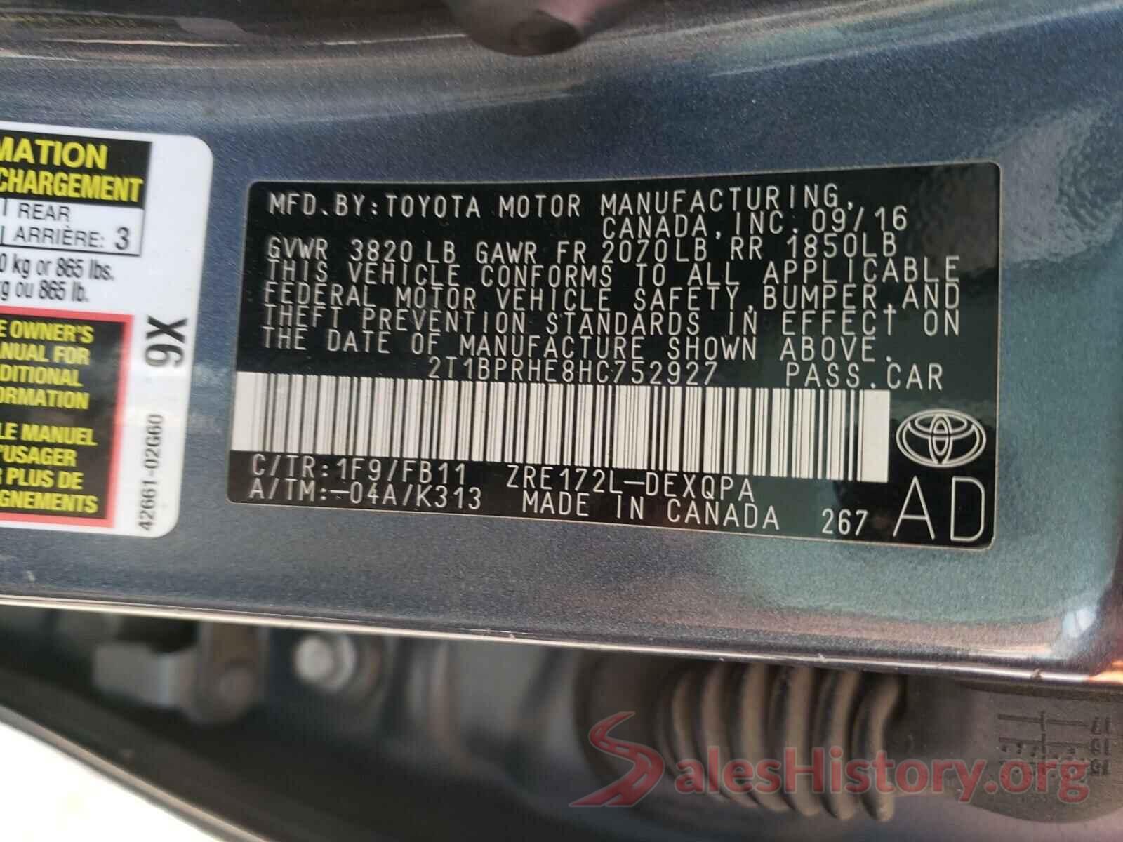 2T1BPRHE8HC752927 2017 TOYOTA COROLLA