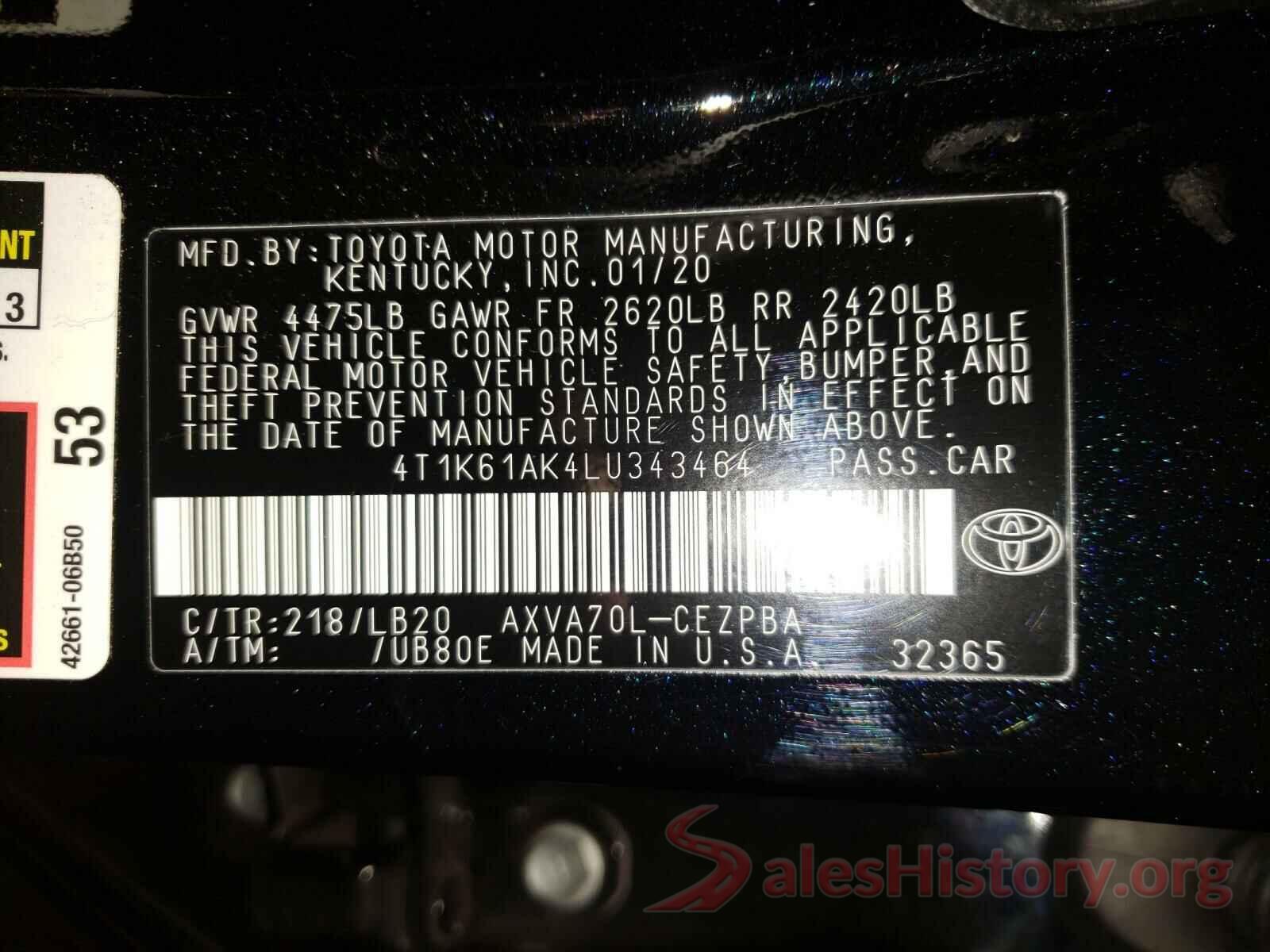 4T1K61AK4LU343464 2020 TOYOTA CAMRY