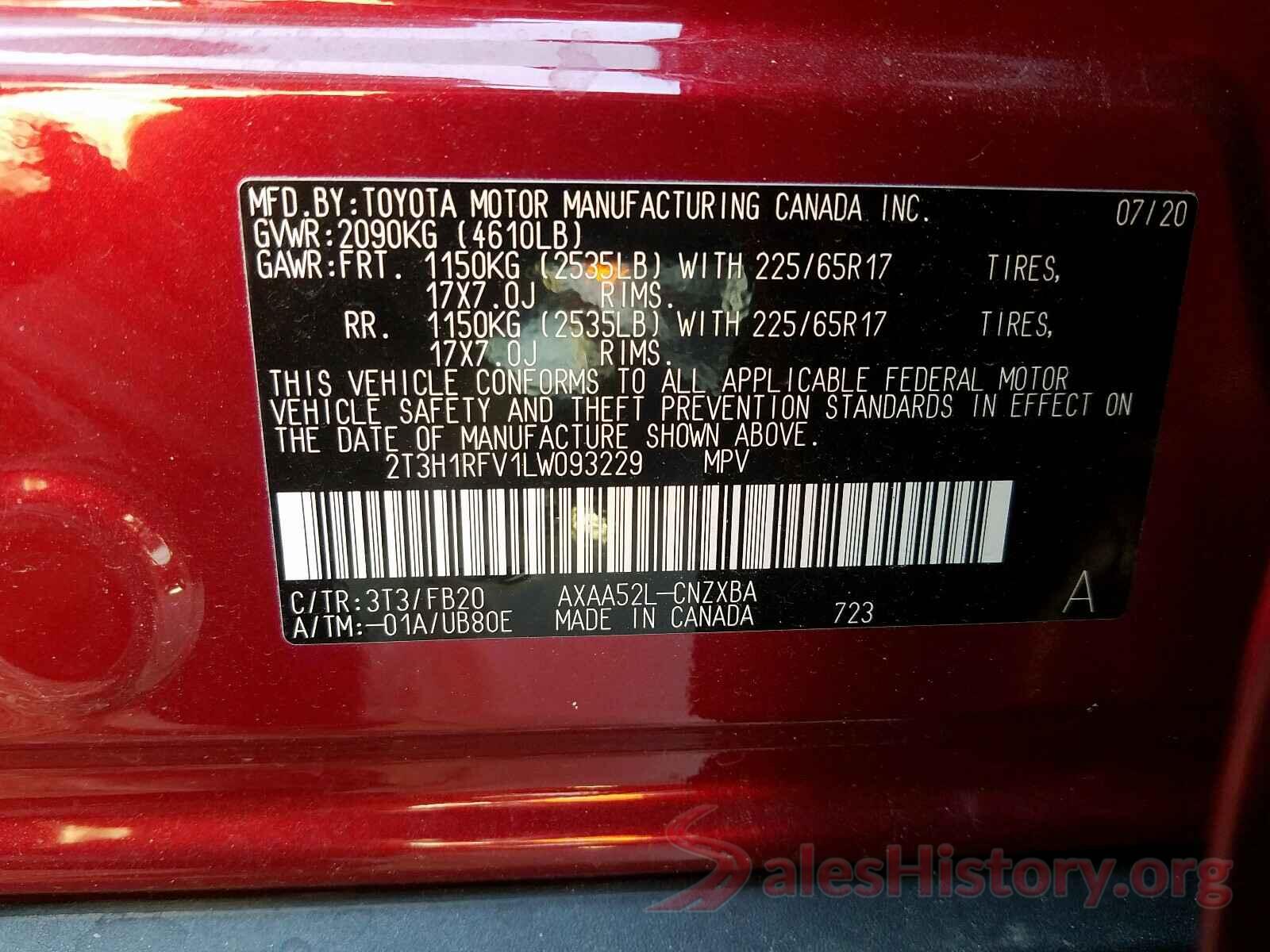 2T3H1RFV1LW093229 2020 TOYOTA RAV4