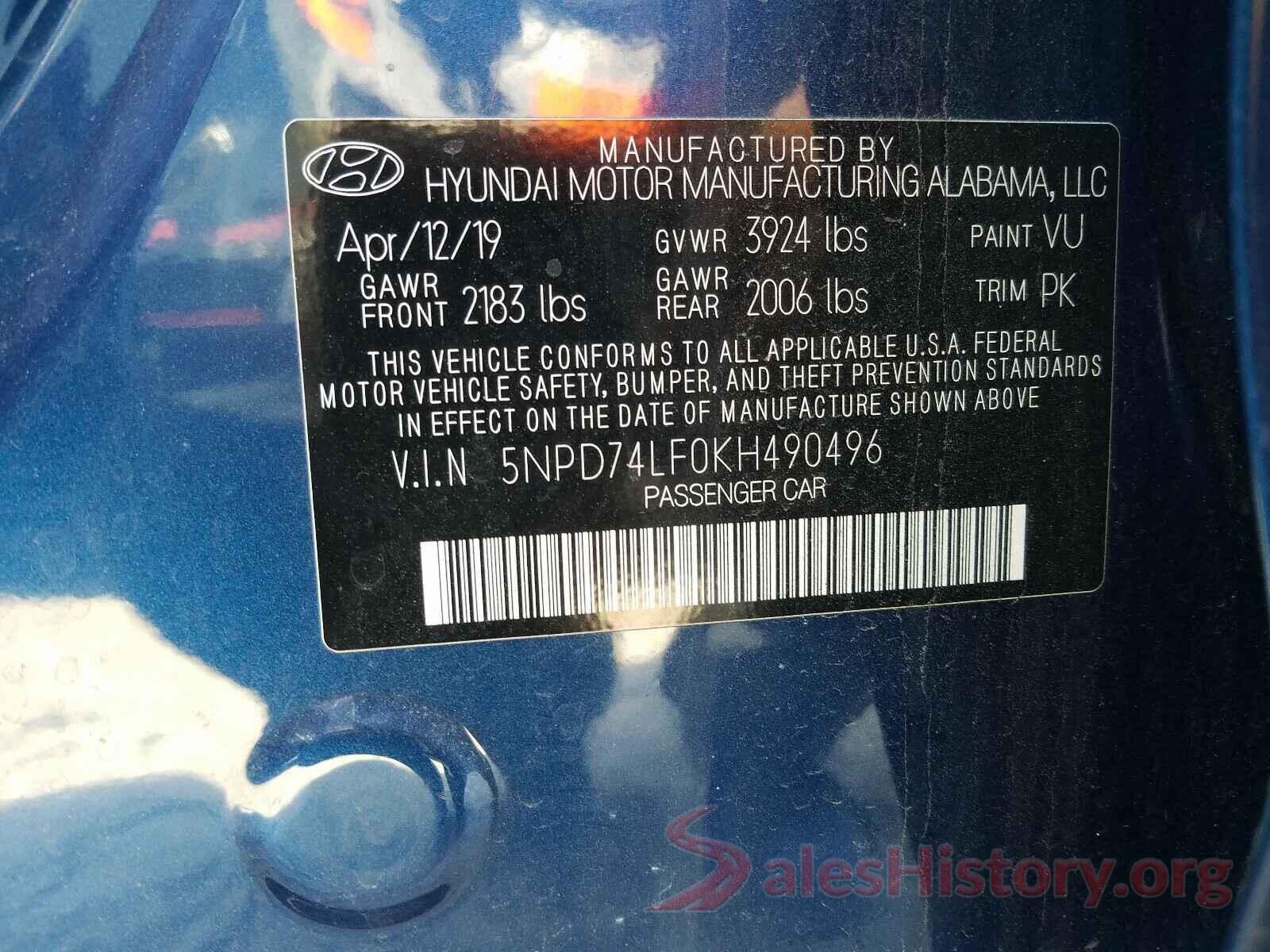 5NPD74LF0KH490496 2019 HYUNDAI ELANTRA