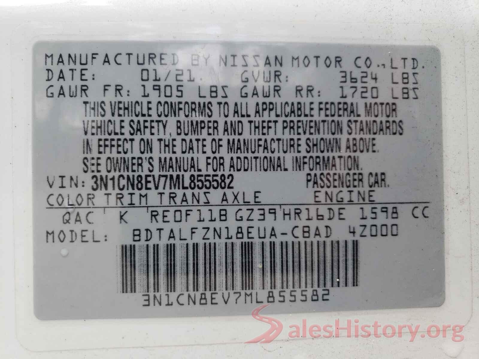 3N1CN8EV7ML855582 2021 NISSAN VERSA