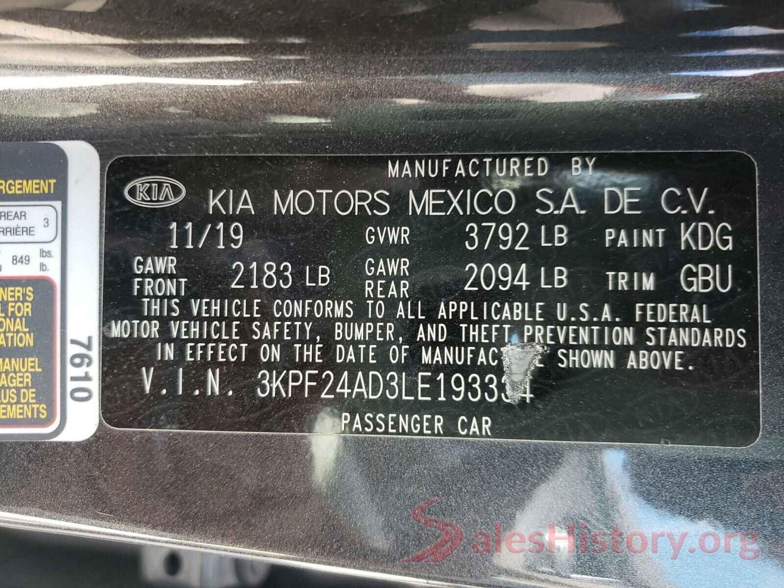 3KPF24AD3LE193334 2020 KIA FORTE