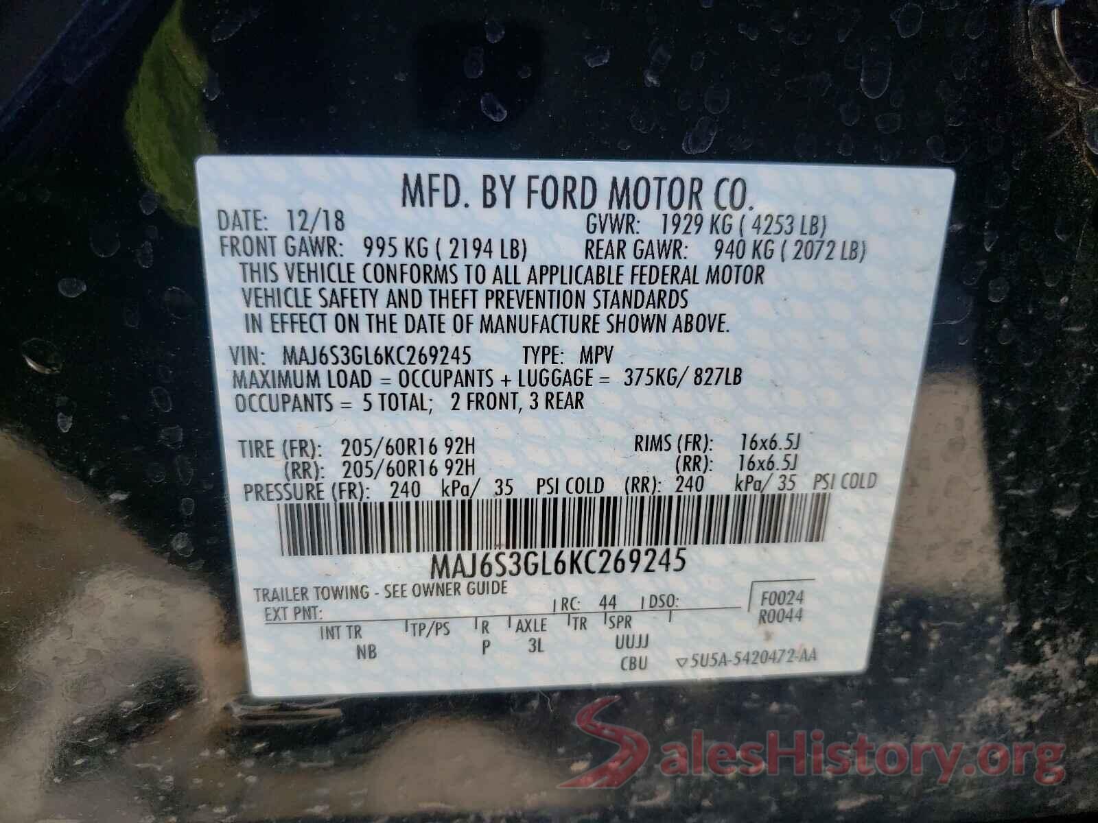 MAJ6S3GL6KC269245 2019 FORD ALL OTHER