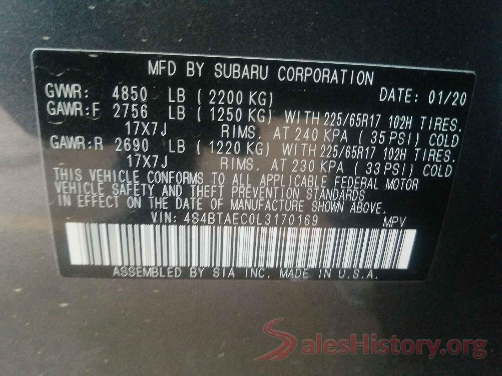 4S4BTAEC0L3170169 2020 SUBARU OUTBACK