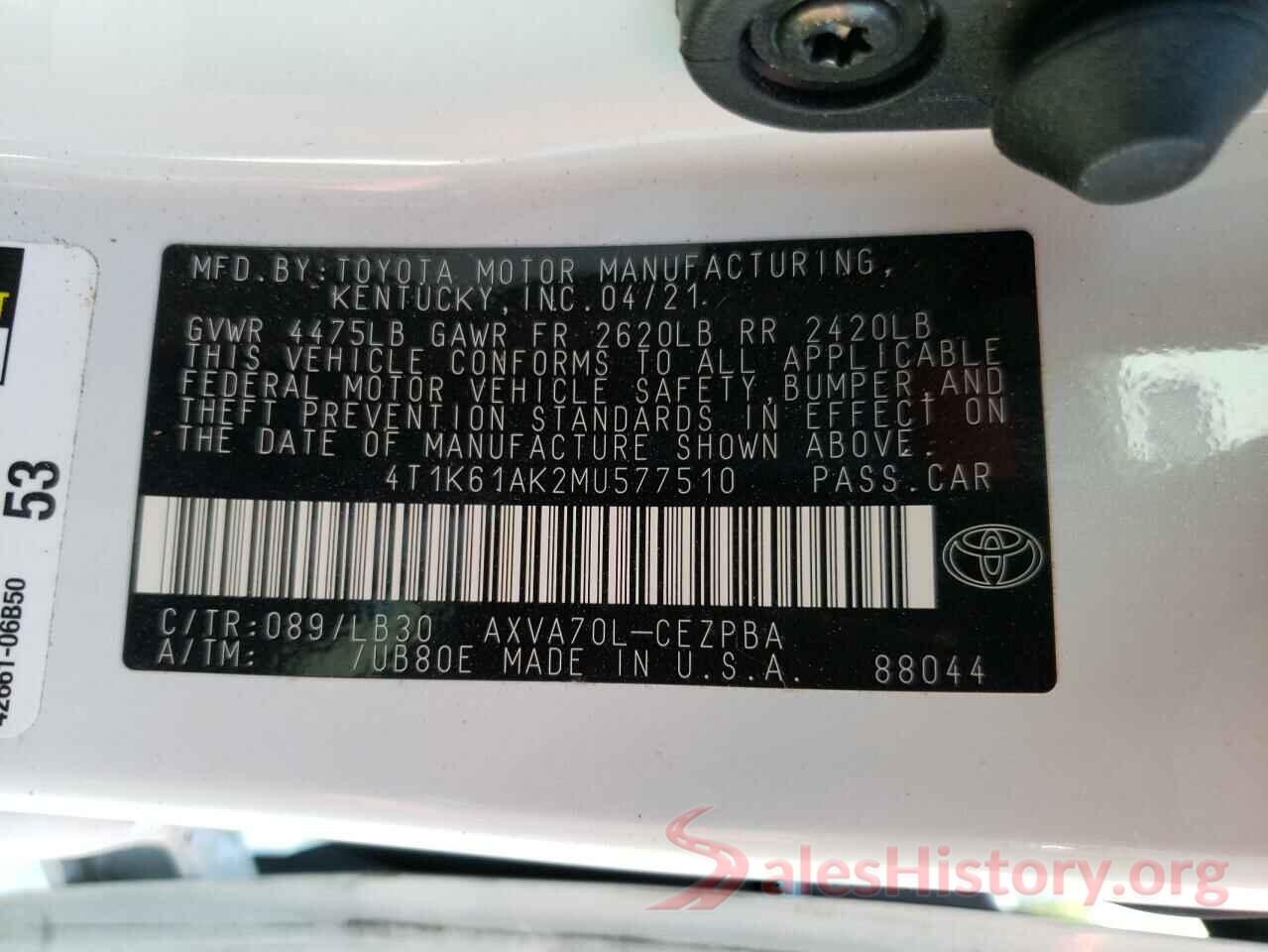 4T1K61AK2MU577510 2021 TOYOTA CAMRY