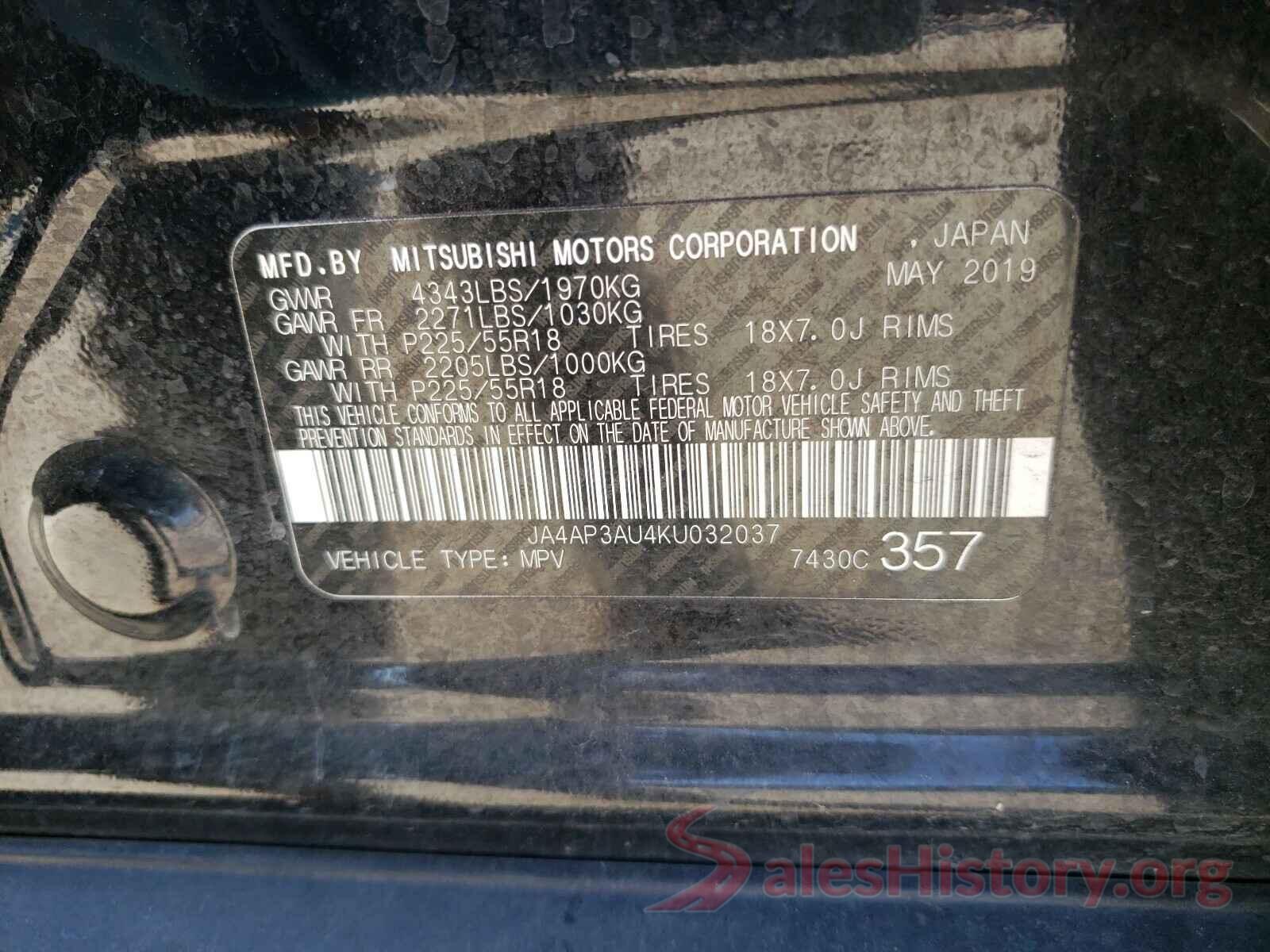 JA4AP3AU4KU032037 2019 MITSUBISHI OUTLANDER