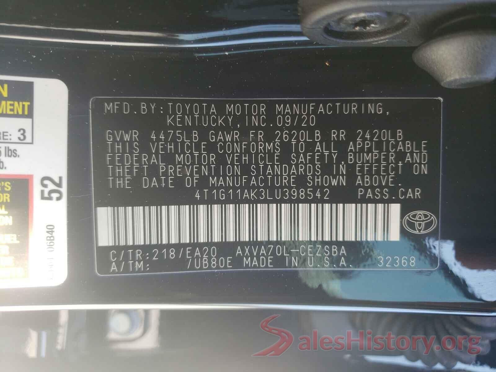 4T1G11AK3LU398542 2020 TOYOTA CAMRY