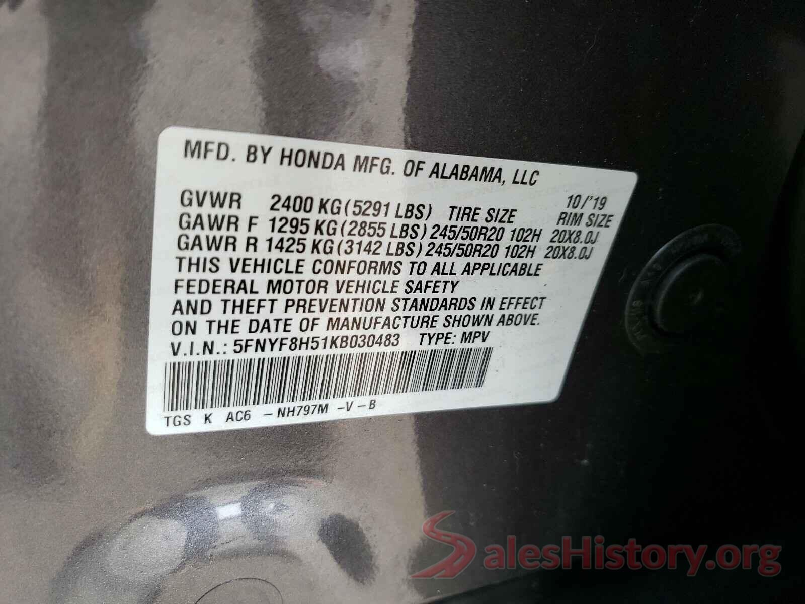 5FNYF8H51KB030483 2019 HONDA PASSPORT