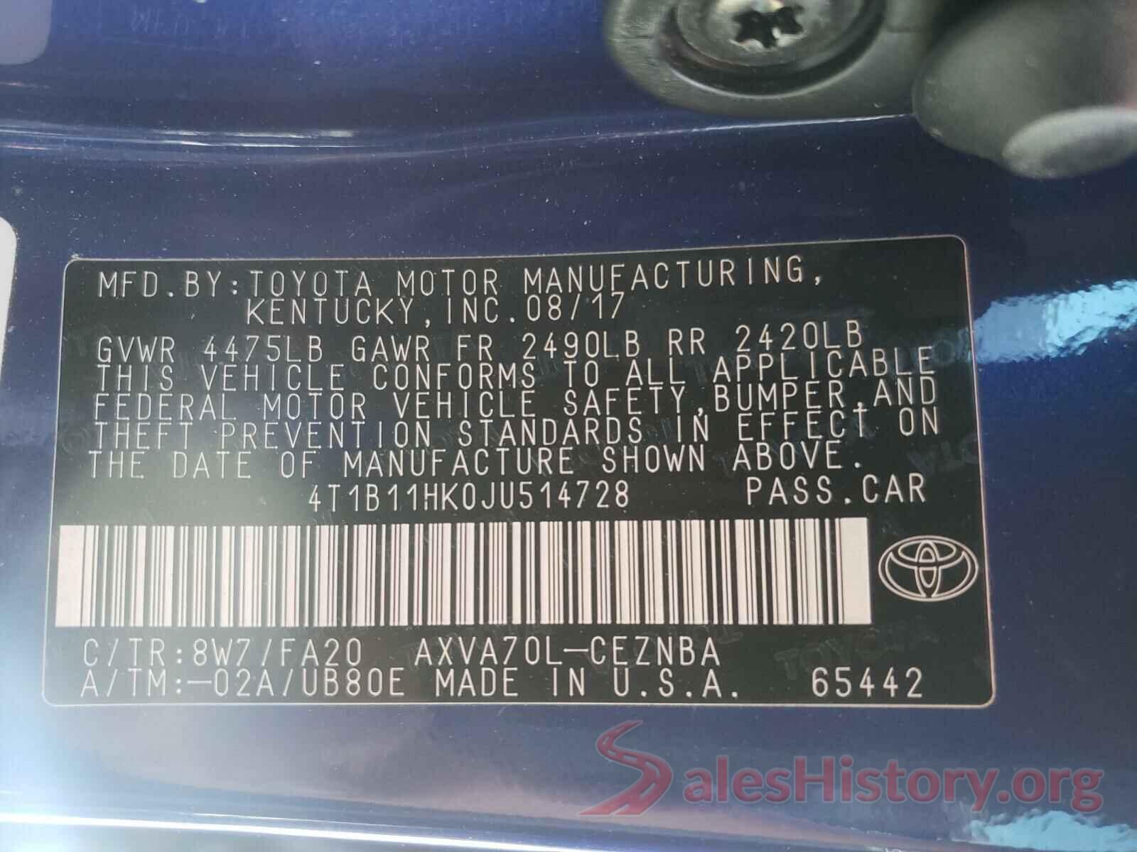 4T1B11HK0JU514728 2018 TOYOTA CAMRY