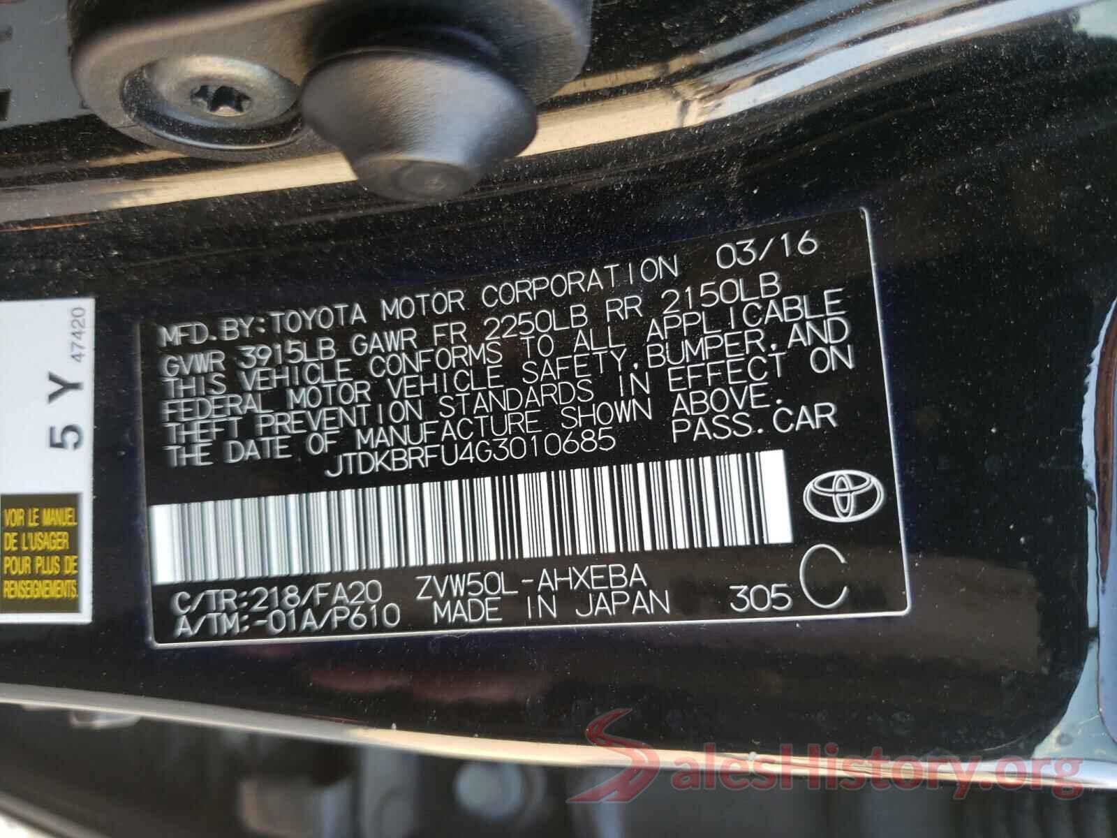 JTDKBRFU4G3010685 2016 TOYOTA PRIUS