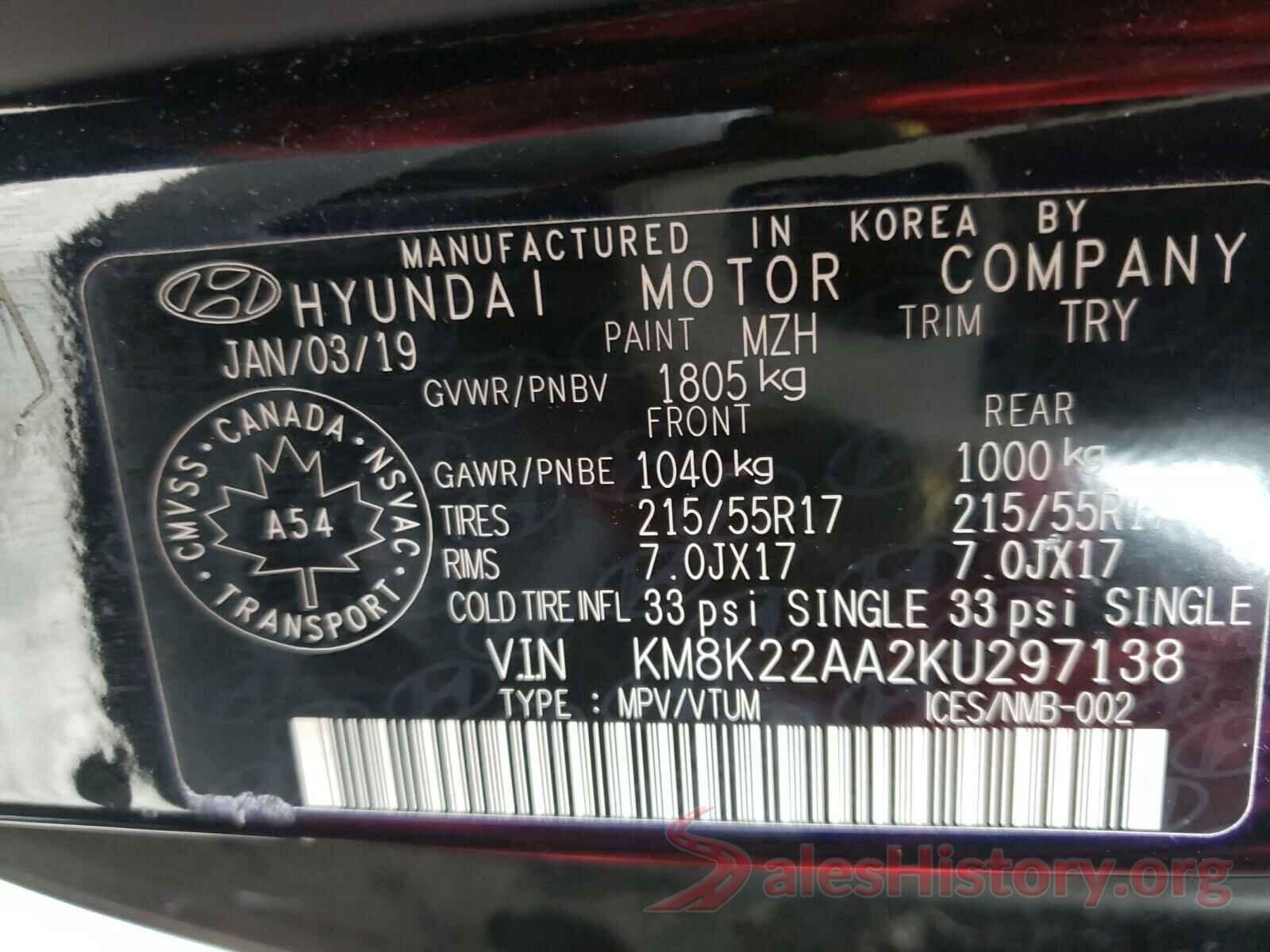 KM8K22AA2KU297138 2019 HYUNDAI KONA