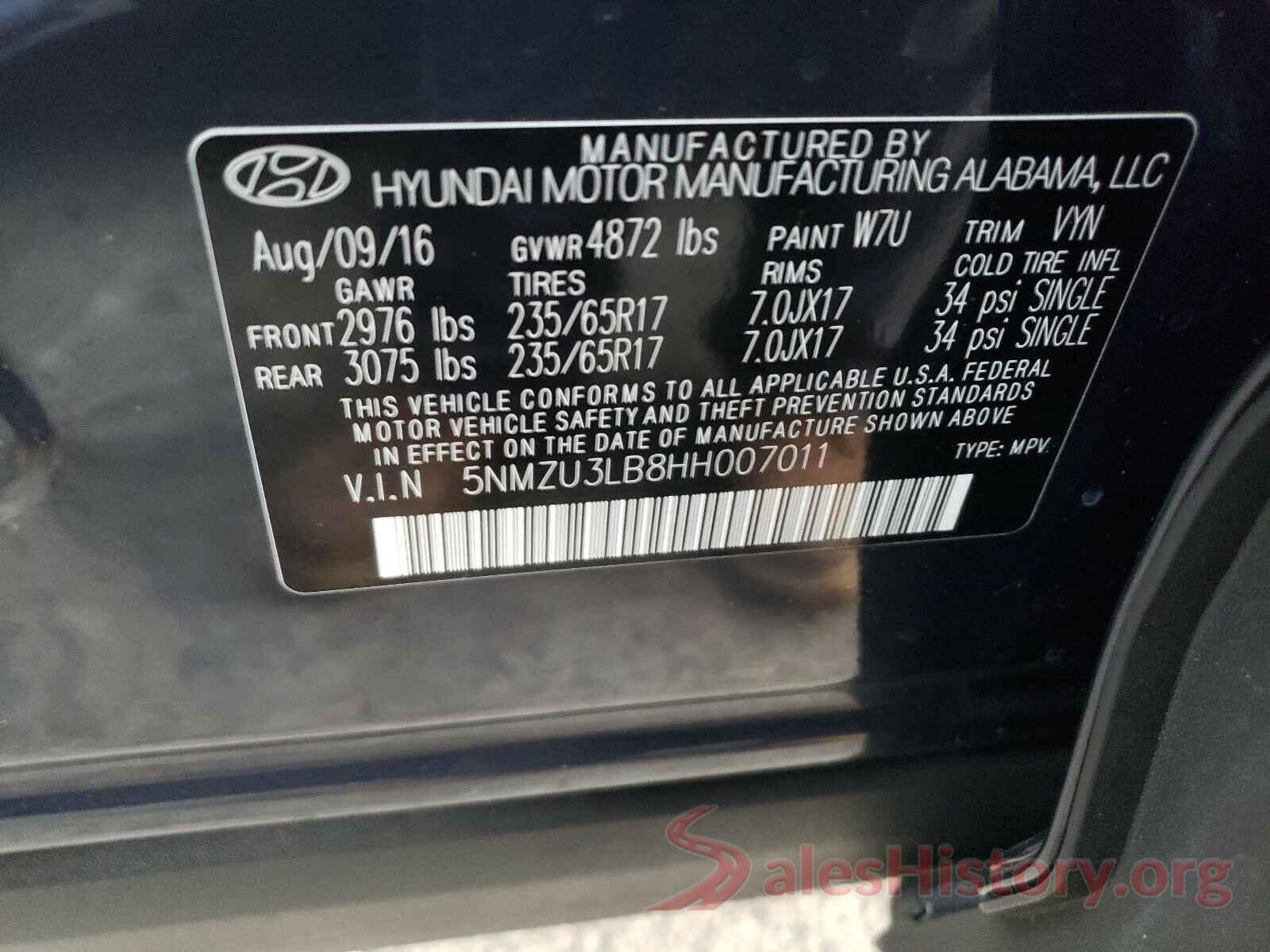 5NMZU3LB8HH007011 2017 HYUNDAI SANTA FE