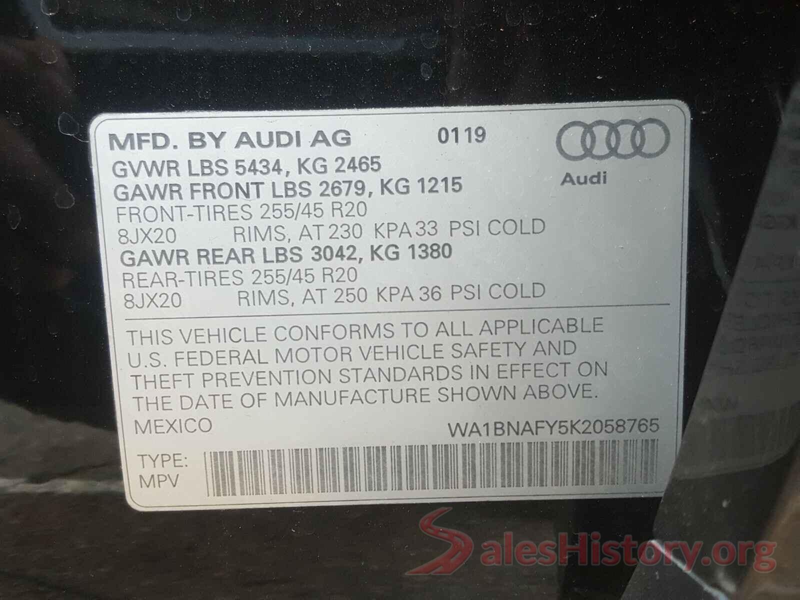 WA1BNAFY5K2058765 2019 AUDI Q5