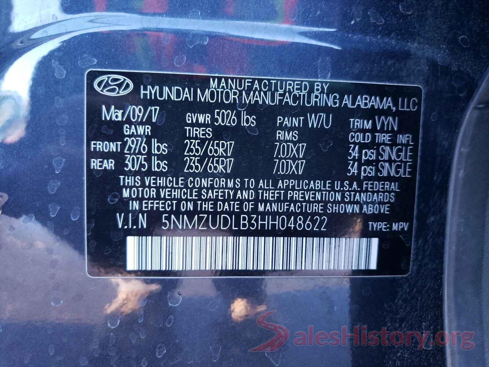 5NMZUDLB3HH048622 2017 HYUNDAI SANTA FE