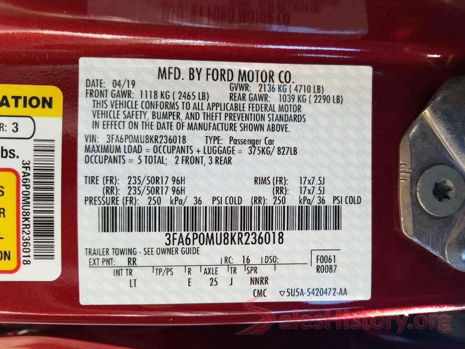 3FA6P0MU8KR236018 2019 FORD FUSION