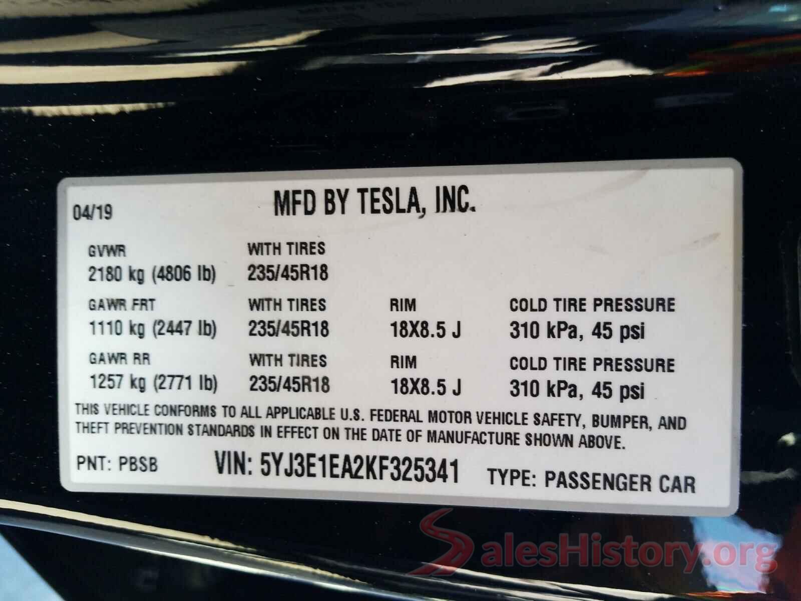 5YJ3E1EA2KF325341 2019 TESLA MODEL 3