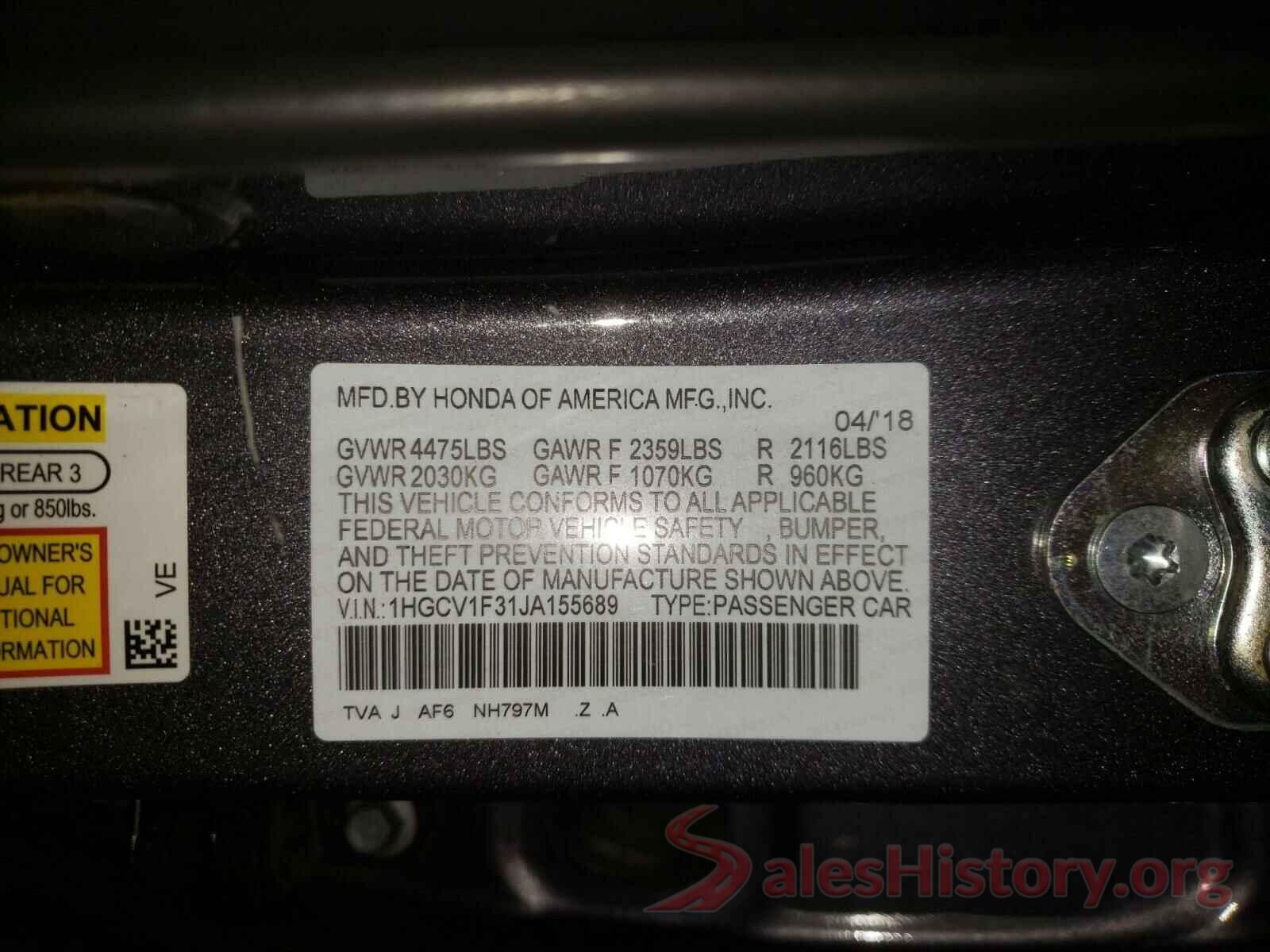 1HGCV1F31JA155689 2018 HONDA ACCORD