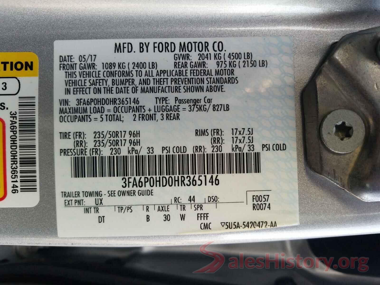 3FA6P0HD0HR365146 2017 FORD FUSION