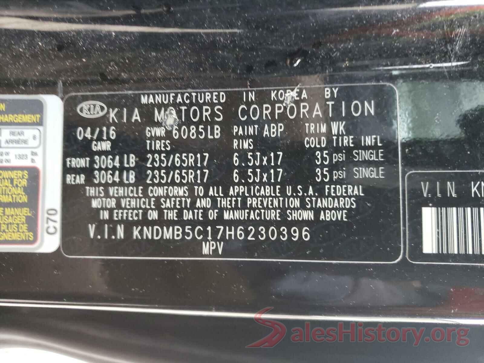 KNDMB5C17H6230396 2017 KIA SEDONA