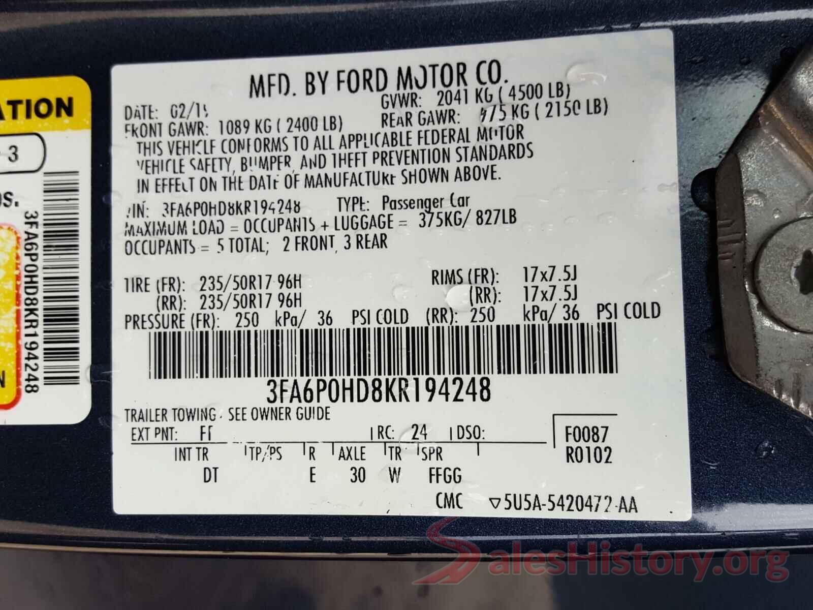 3FA6P0HD8KR194248 2019 FORD FUSION