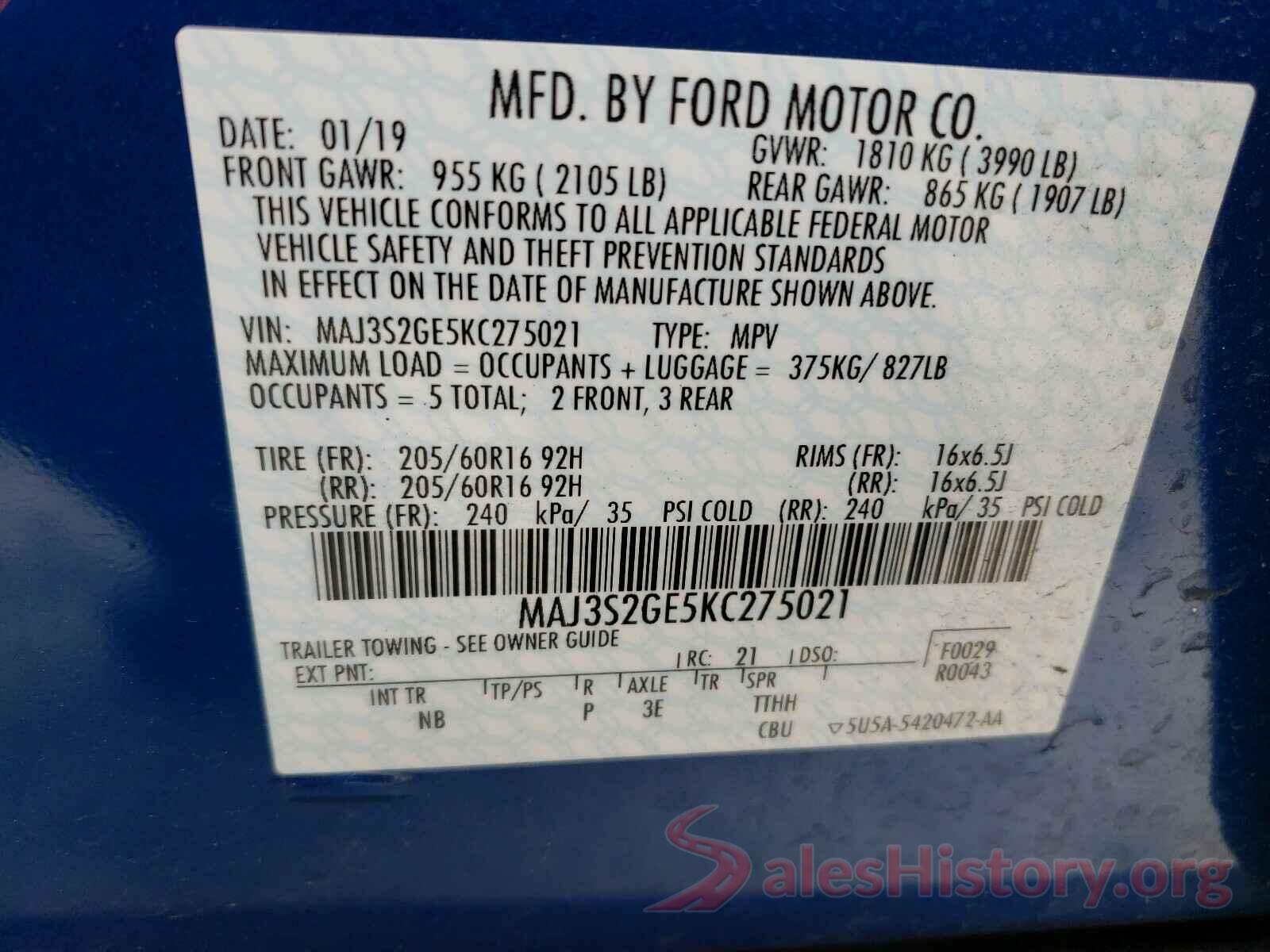 MAJ3S2GE5KC275021 2019 FORD ALL OTHER