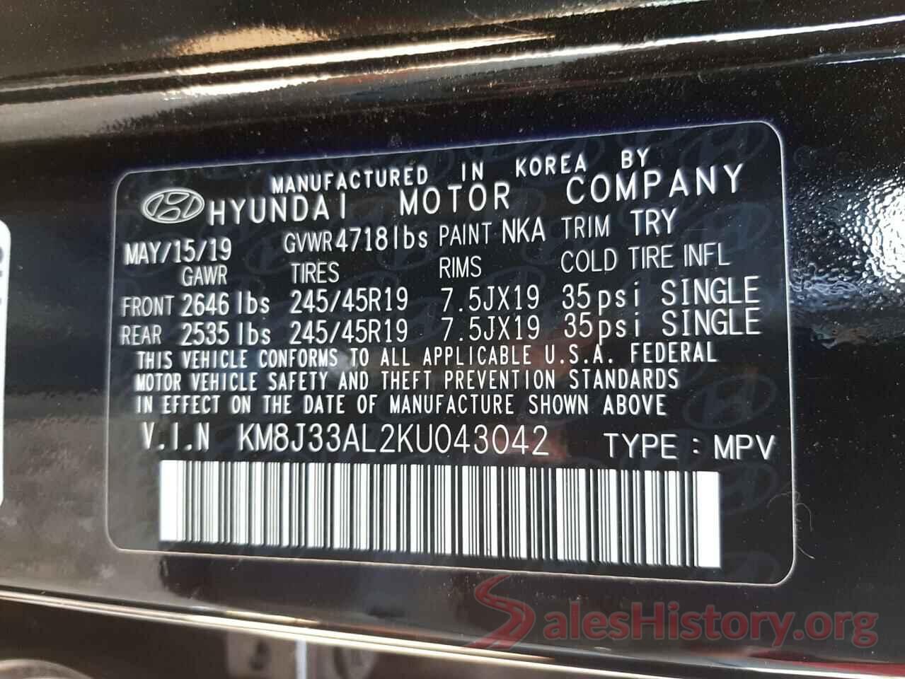 KM8J33AL2KU043042 2019 HYUNDAI TUCSON