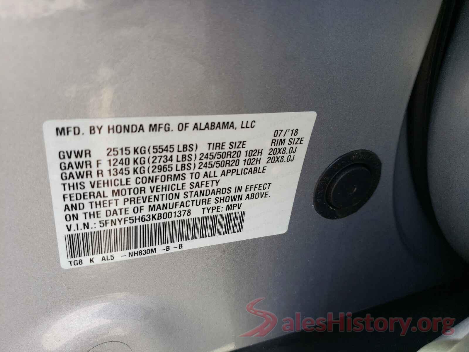 5FNYF5H63KB001378 2019 HONDA PILOT