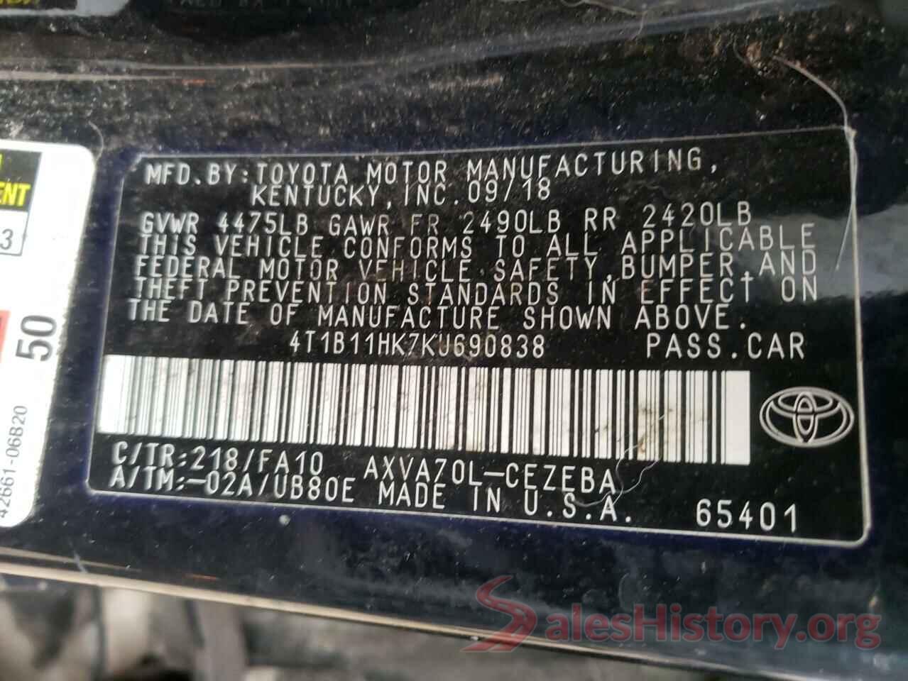 4T1B11HK7KU690838 2019 TOYOTA CAMRY