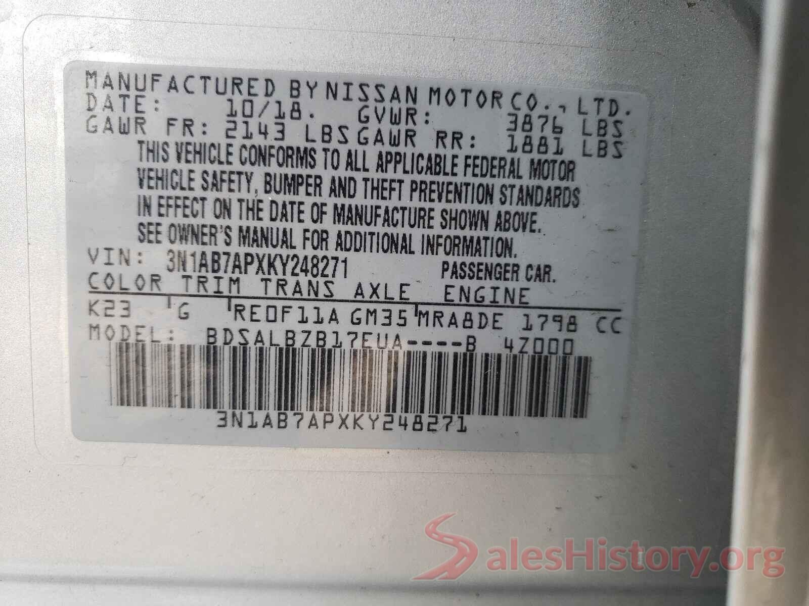 3N1AB7APXKY248271 2019 NISSAN SENTRA