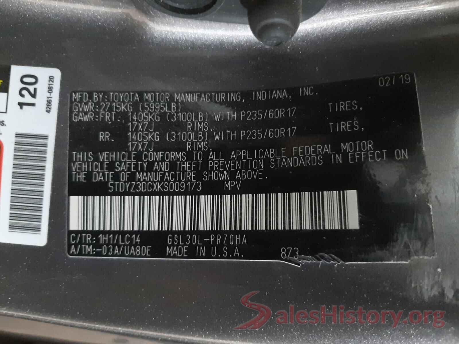 5TDYZ3DCXKS009173 2019 TOYOTA SIENNA