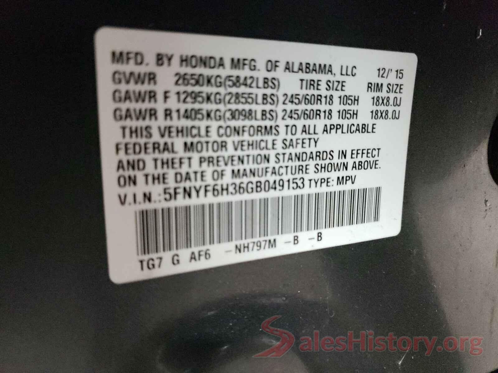 5FNYF6H36GB049153 2016 HONDA PILOT