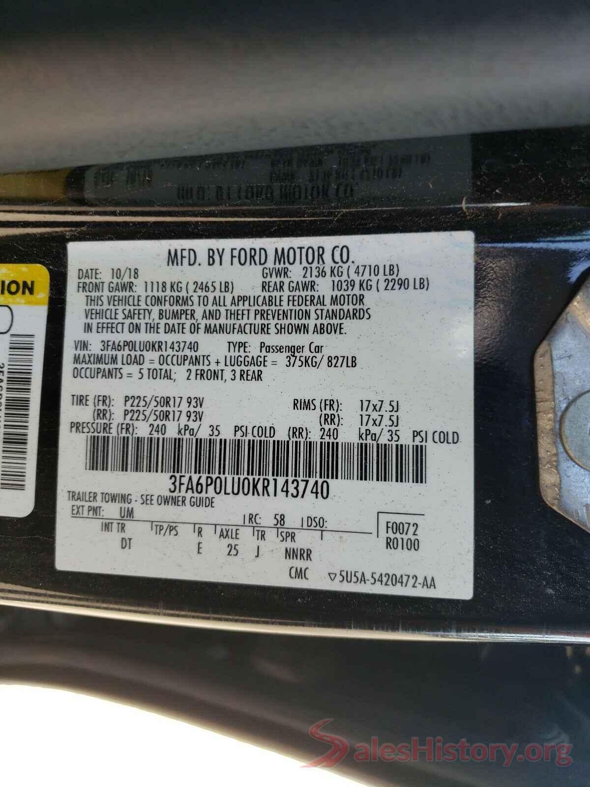 3FA6P0LU0KR143740 2019 FORD FUSION