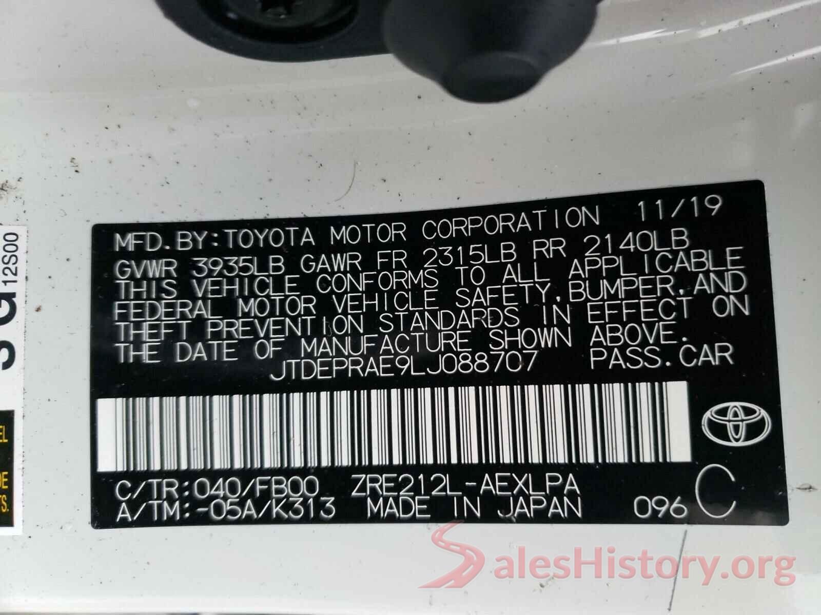 JTDEPRAE9LJ088707 2020 TOYOTA COROLLA