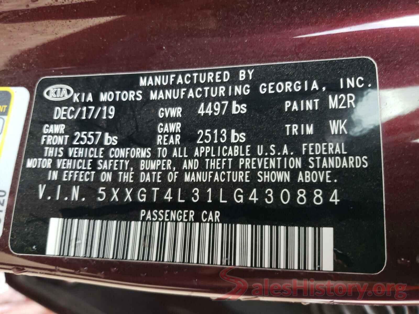 5XXGT4L31LG430884 2020 KIA OPTIMA