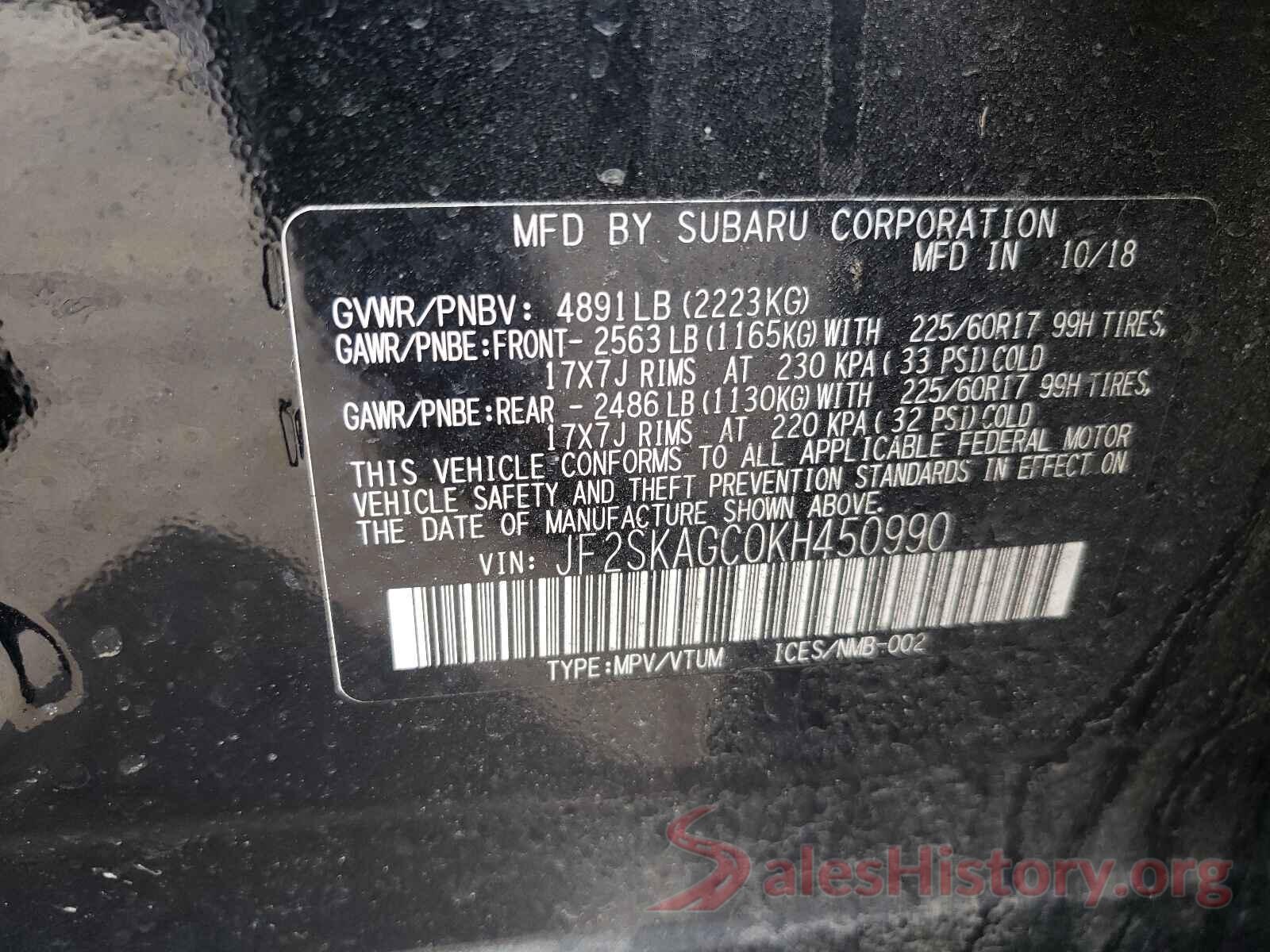 JF2SKAGC0KH450990 2019 SUBARU FORESTER