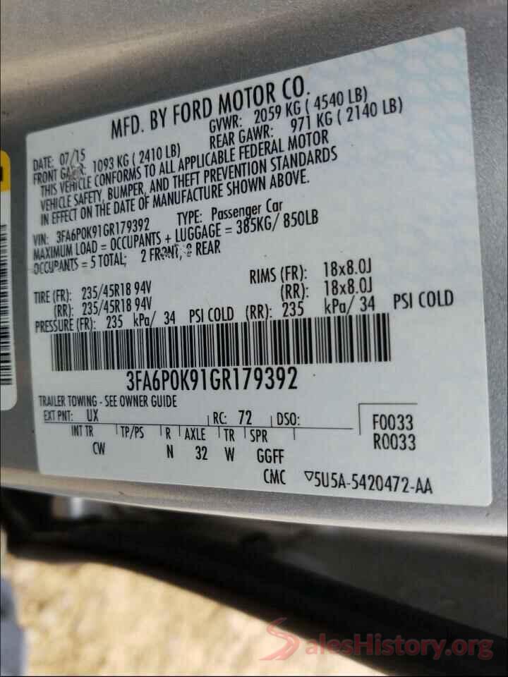 3FA6P0K91GR179392 2016 FORD FUSION