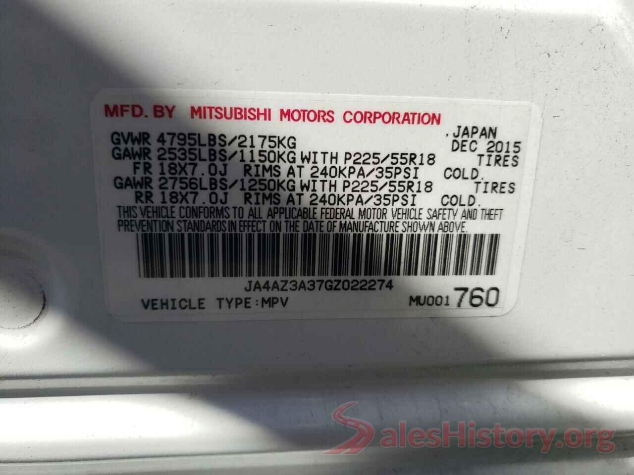 JA4AZ3A37GZ022274 2016 MITSUBISHI OUTLANDER