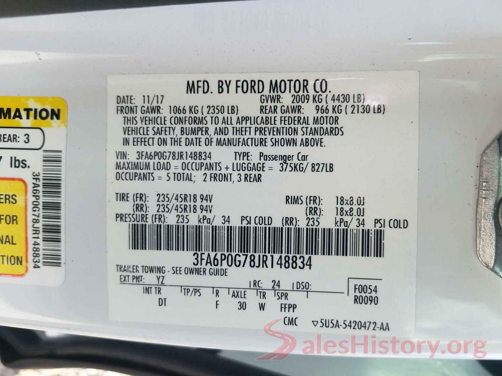 3FA6P0G78JR148834 2018 FORD FUSION