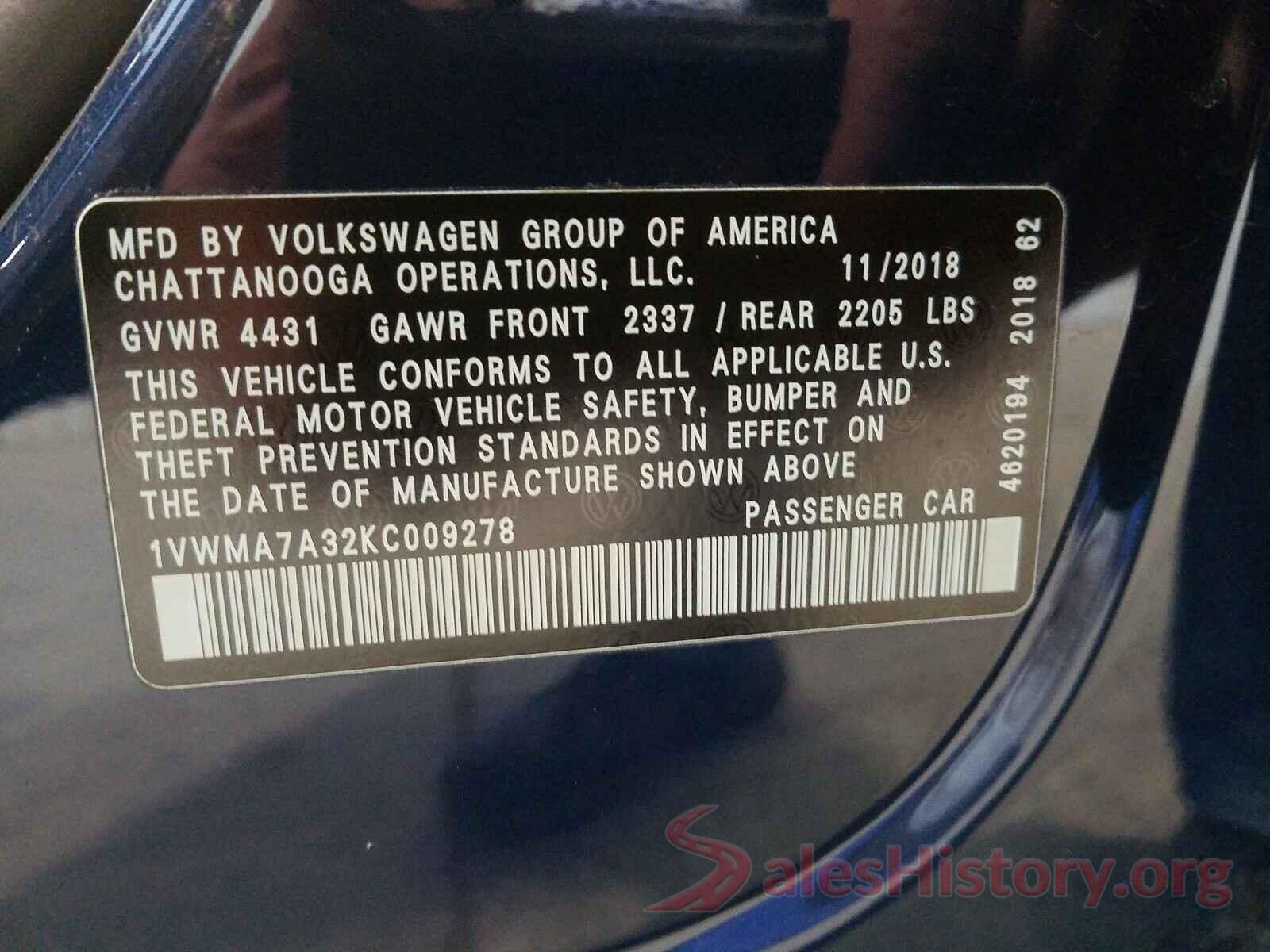 1VWMA7A32KC009278 2019 VOLKSWAGEN PASSAT