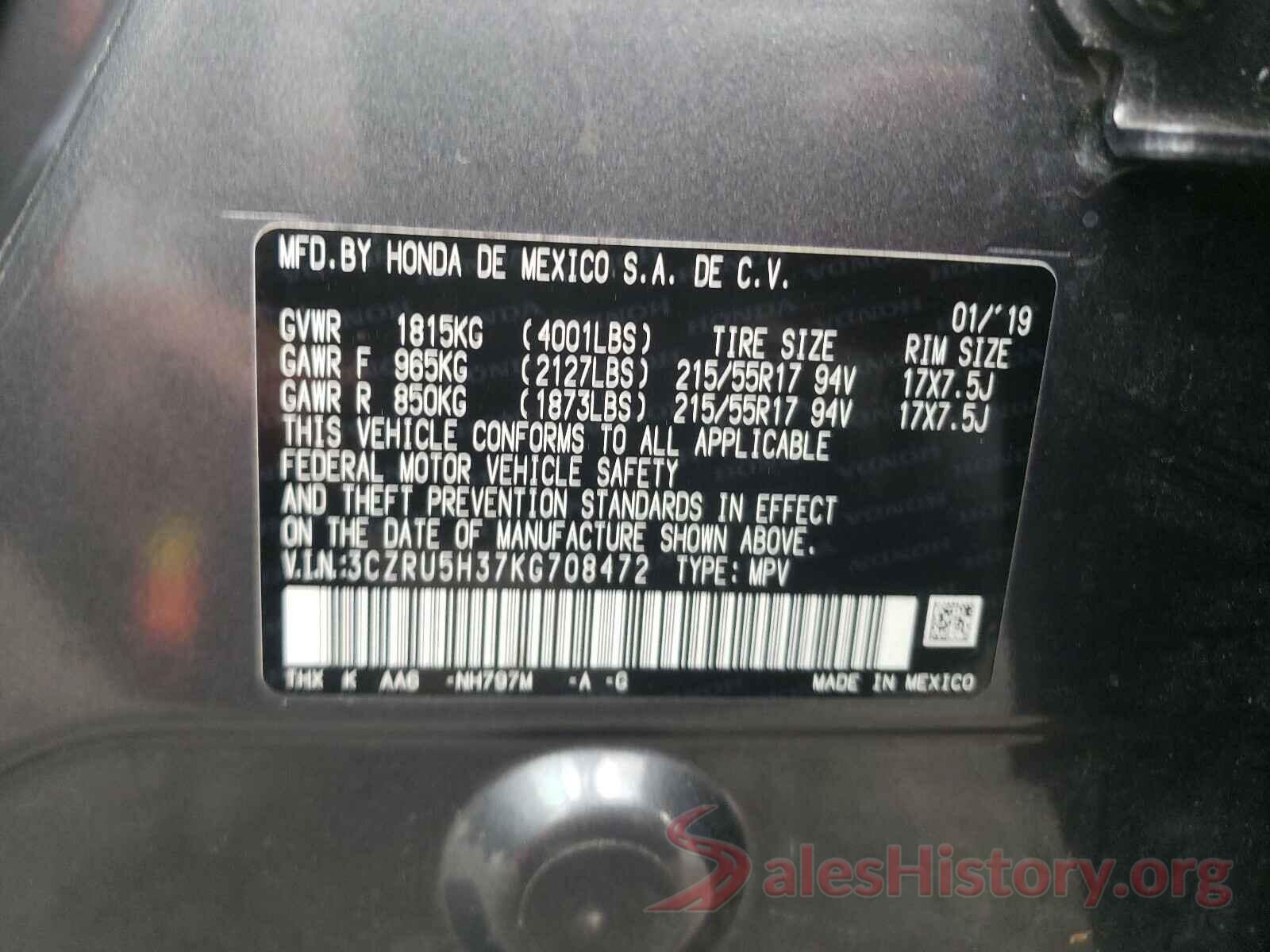 3CZRU5H37KG708472 2019 HONDA HR-V