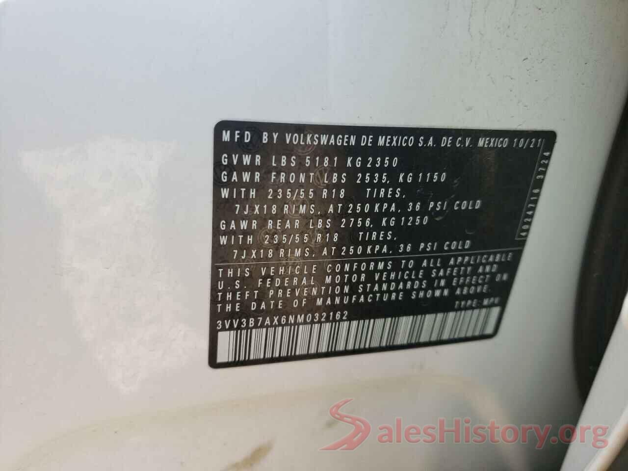 3VV3B7AX6NM032162 2022 VOLKSWAGEN TIGUAN