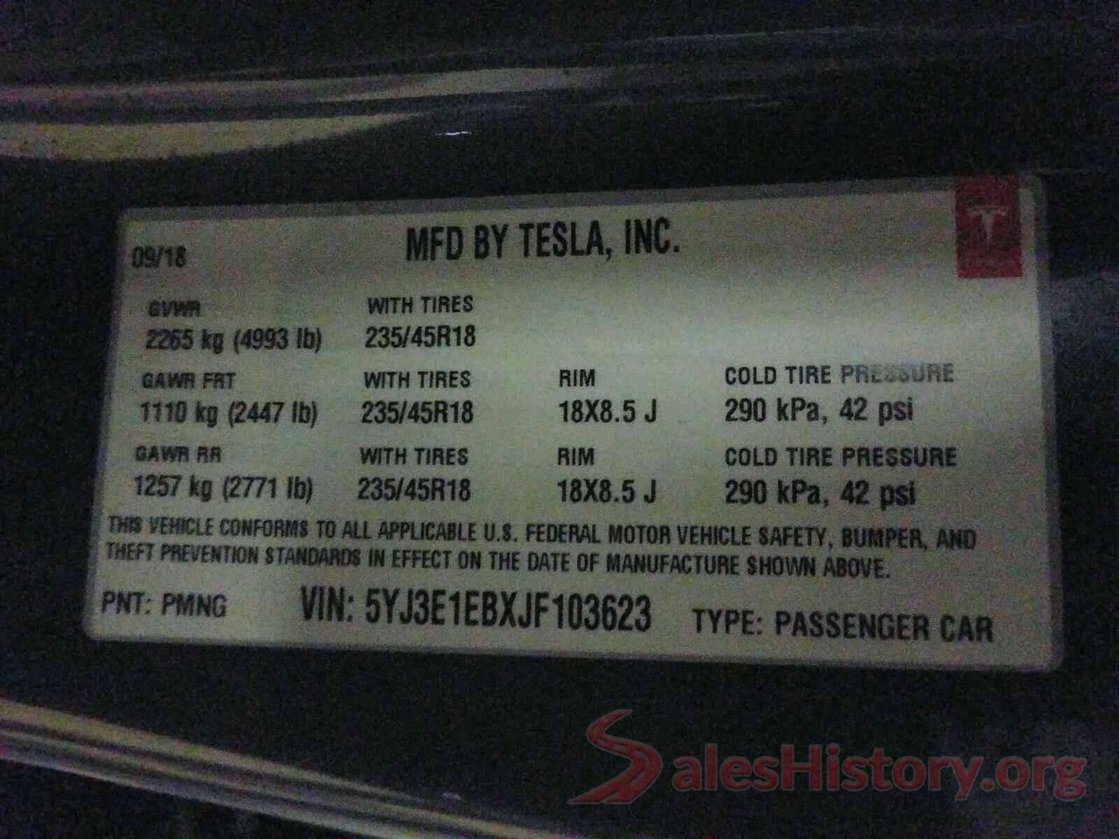 5YJ3E1EBXJF103623 2018 TESLA MODEL 3