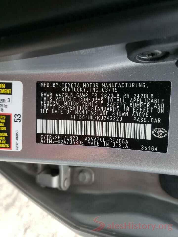 4T1B61HK7KU243329 2019 TOYOTA CAMRY