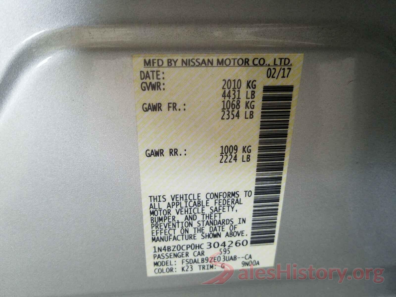 1N4BZ0CP0HC304260 2017 NISSAN LEAF