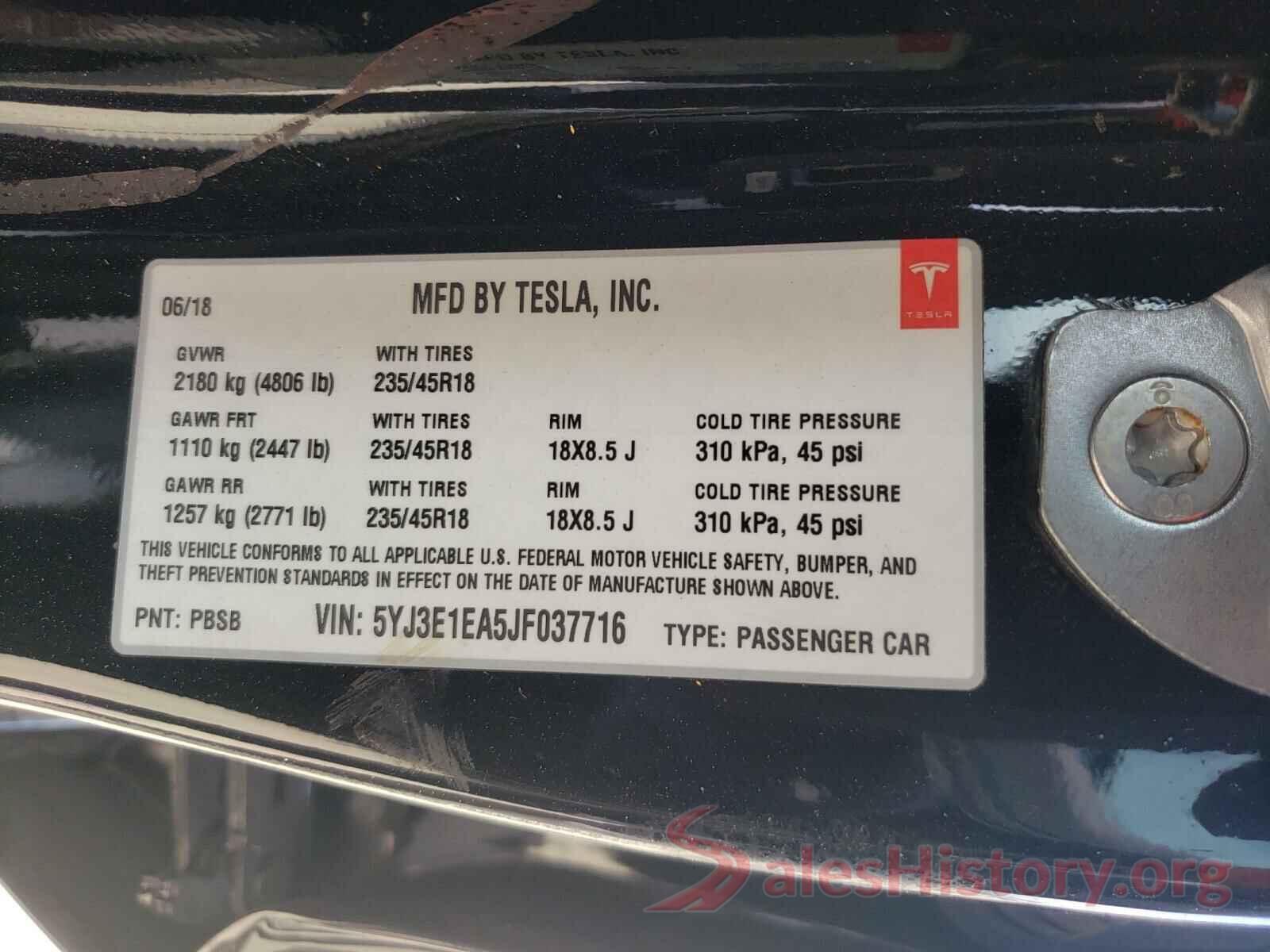 5YJ3E1EA5JF037716 2018 TESLA MODEL 3