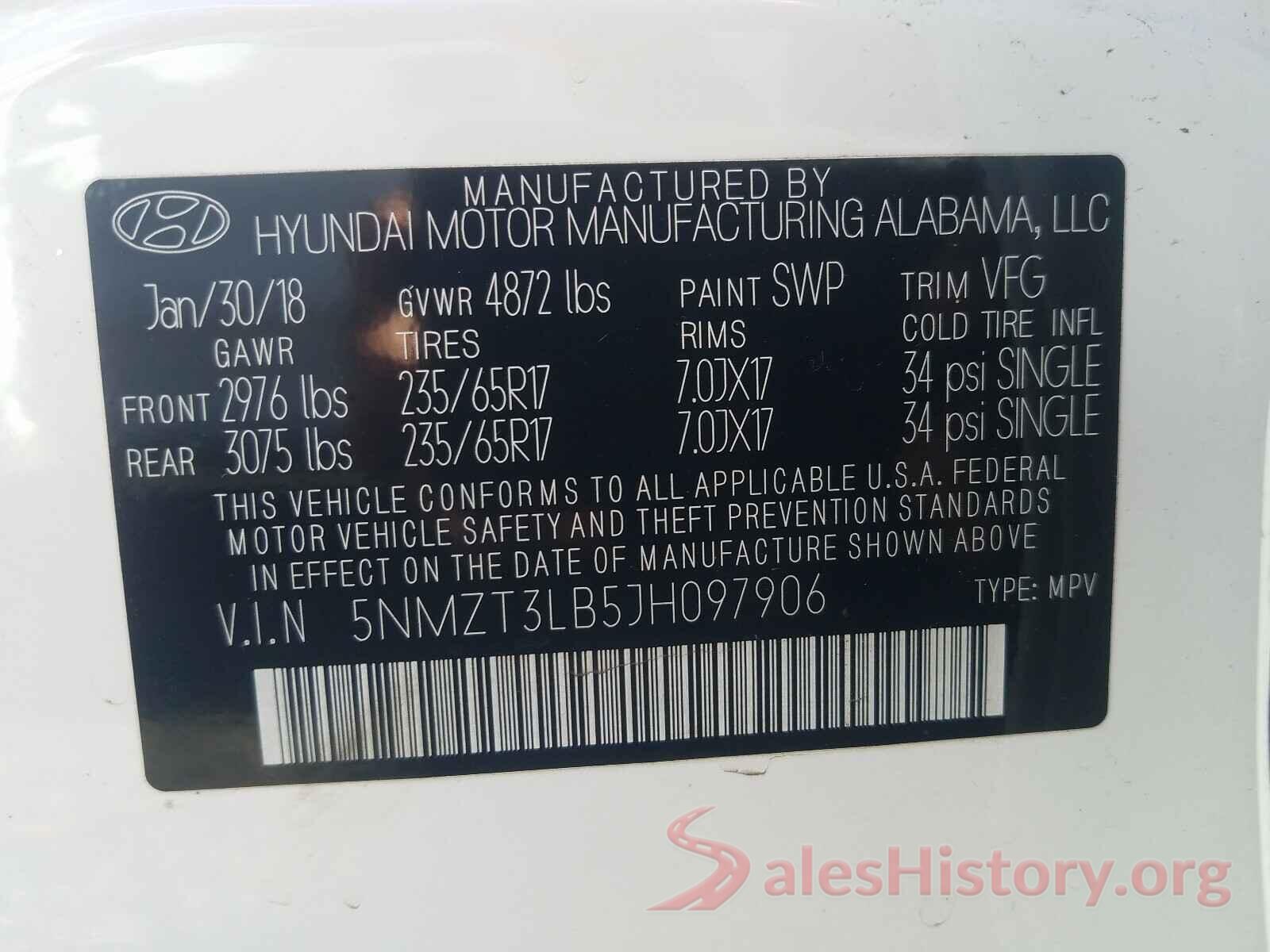 5NMZT3LB5JH097906 2018 HYUNDAI SANTA FE