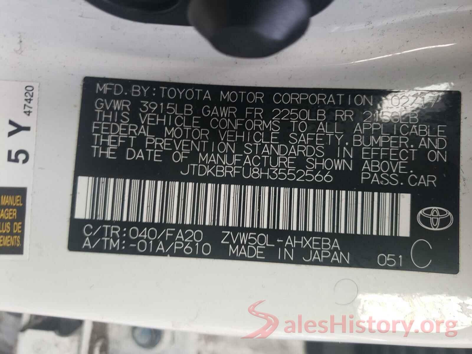 JTDKBRFU8H3552566 2017 TOYOTA PRIUS